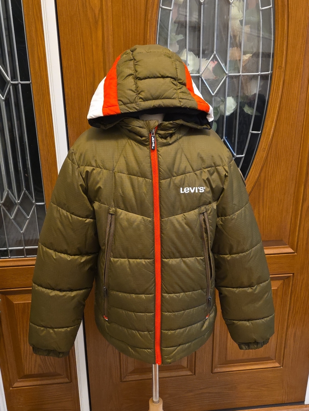 Levi's Olive Green Kids Puffer Jacket with Red and White Hood Trim
